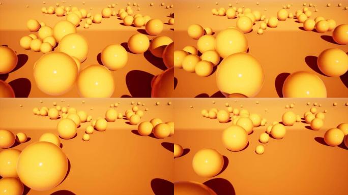 抽象3d橙色塑料球镜头。通过静态光泽球体向侧面移动，渲染装饰性动画背景。不同尺寸的明亮几何形状4k视