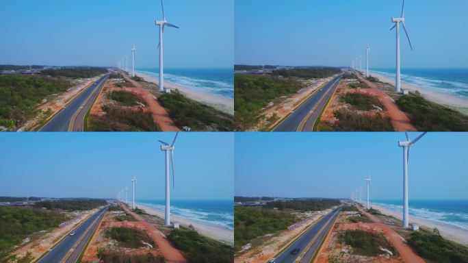 大海边排列整齐的风力发电