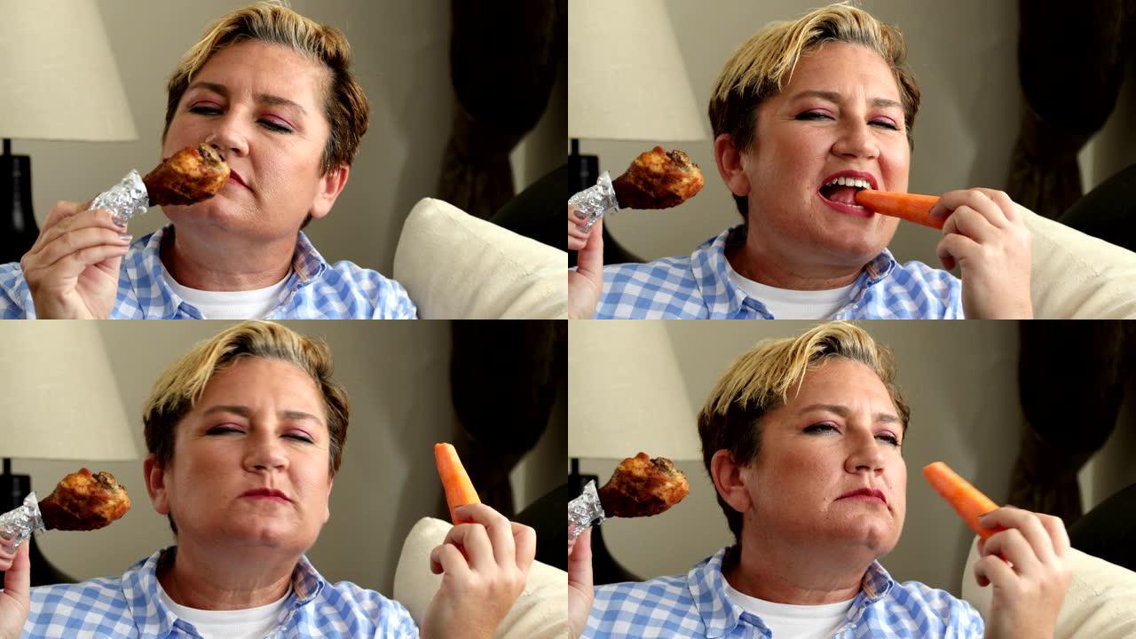饮食概念女人闻炸鸡腿吃胡萝卜