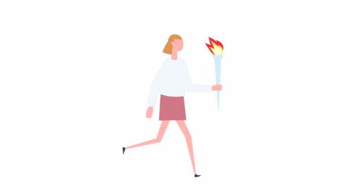 平面卡通彩色女性角色动画。女孩带着火炬火焰着火的情况奔跑