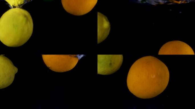 柑橘类水果落入水中。橙子，酸橙和柠檬落入水中
