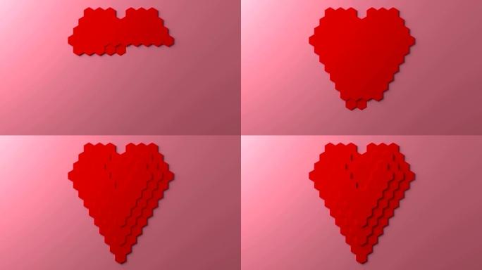 超高清分辨率计算机生成像素蜂窝图案红色心形动画，每秒三十帧