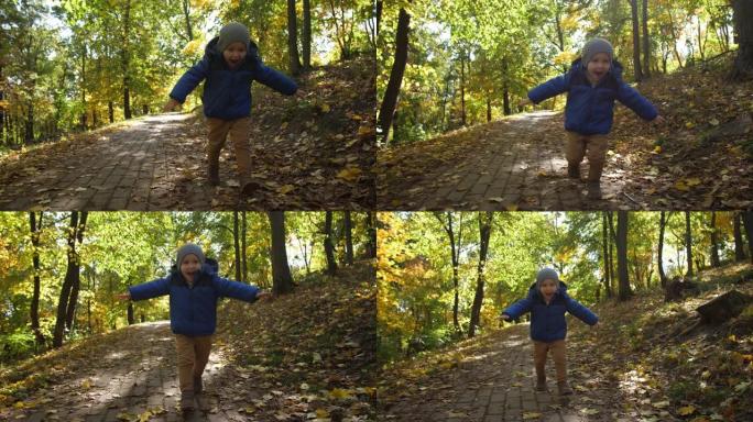 在公园里奔跑的快乐蹒跚学步的男孩的肖像