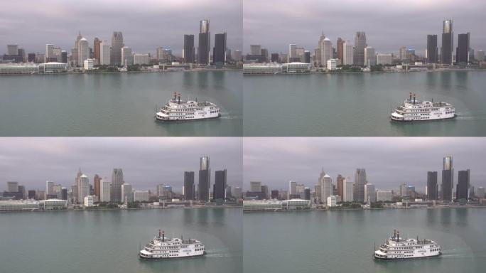 美国密歇根州的底特律天际线从加拿大温莎拍摄