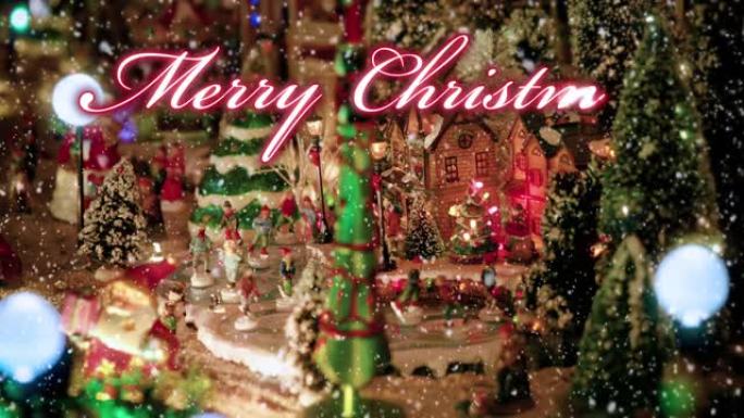 圣诞快乐红色文字排版设计，带有玩具圣诞村场景和雪下背景中的溜冰者小雕像-特写-圣诞活动概念