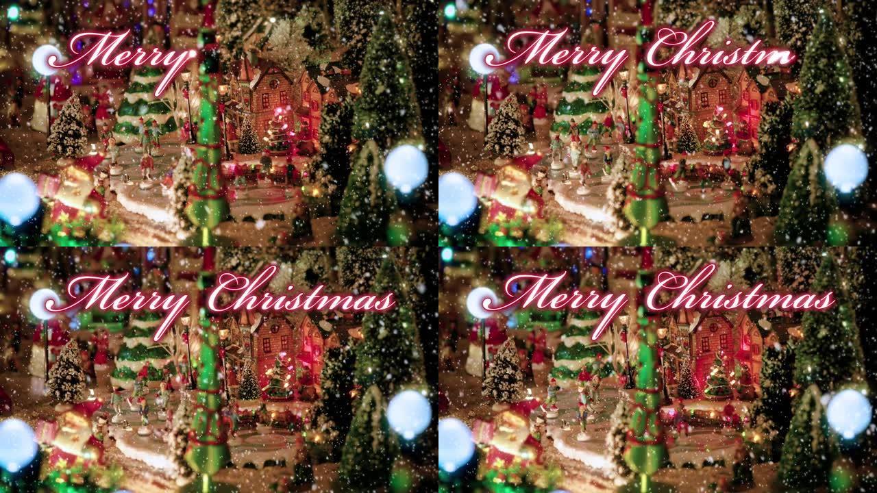 圣诞快乐红色文字排版设计，带有玩具圣诞村场景和雪下背景中的溜冰者小雕像-特写-圣诞活动概念