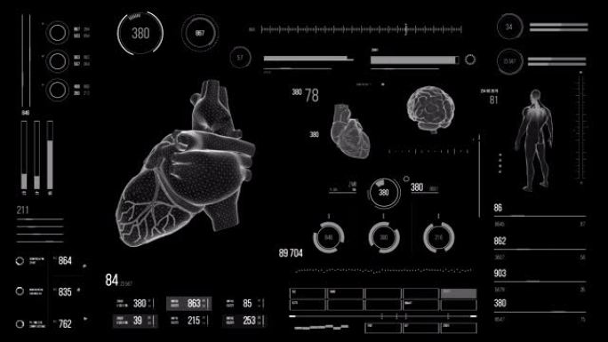 人脑扫描。具有HUD和信息图表元素的未来医学用户界面。虚拟技术背景。用于商业，游戏，运动设计，web