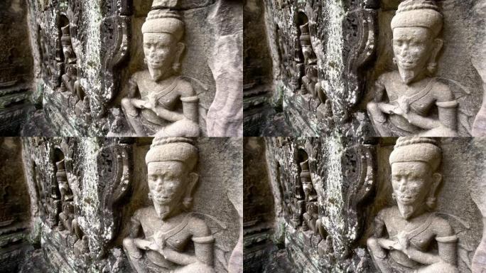 4K, Preah Khan的雕刻结构。古代的雕刻装饰着庙宇的墙壁