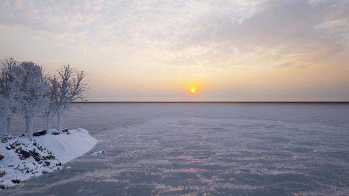 海边下雪鹅卵石日落晚霞场景