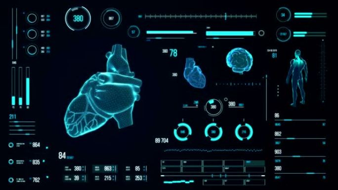 人脑扫描。具有HUD和信息图表元素的未来医学用户界面。虚拟技术背景。用于商业，游戏，运动设计，web