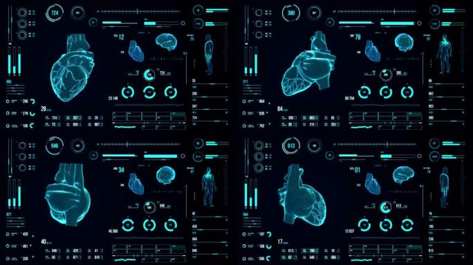 人脑扫描。具有HUD和信息图表元素的未来医学用户界面。虚拟技术背景。用于商业，游戏，运动设计，web
