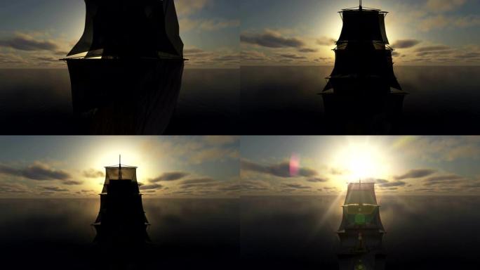 海洋和旧船4k的日落