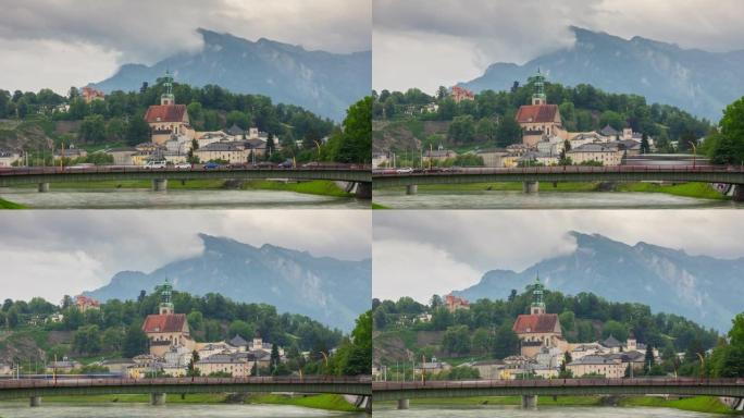 萨尔茨堡城市景观阴天交通桥山景点全景4k延时奥地利