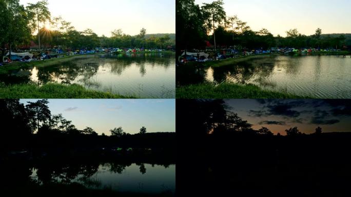 4k延时，周末假期，人们在湖边的国家公园露营做饭和睡觉，阳光耀斑。