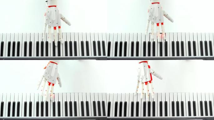 机器人假肢手正在弹钢琴，试图按下正确的键