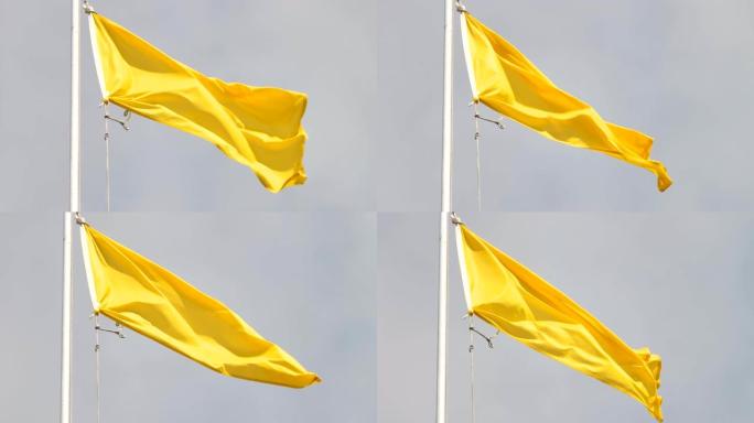 海滩上的旗杆上飘扬着一面黄色的旗子