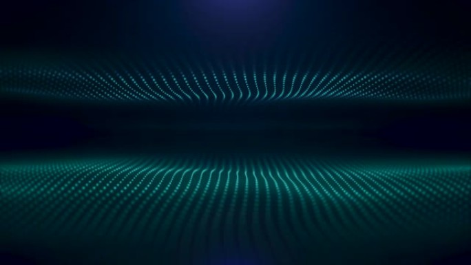 抽象绿松石流动的光学纤维黑色背景，无缝回路。动画。两波绿色小颗粒向相同方向移动