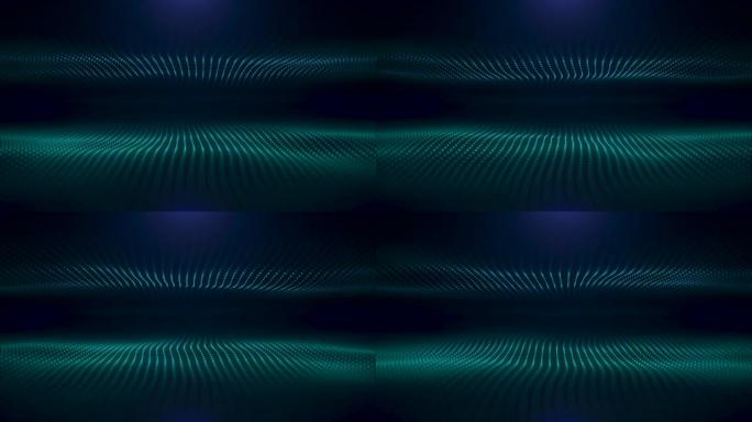 抽象绿松石流动的光学纤维黑色背景，无缝回路。动画。两波绿色小颗粒向相同方向移动