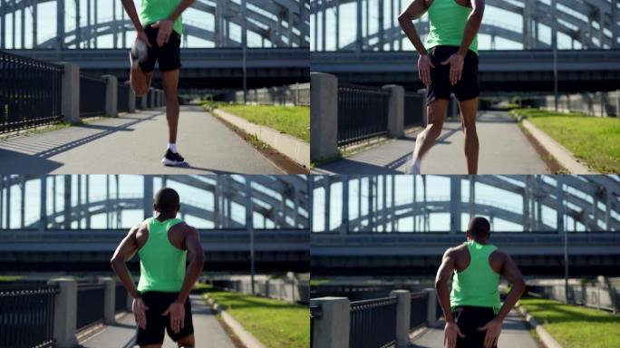 倾斜后视图跟随年轻的非洲运动员在步行城市桥上进行对接踢跑步运动的镜头