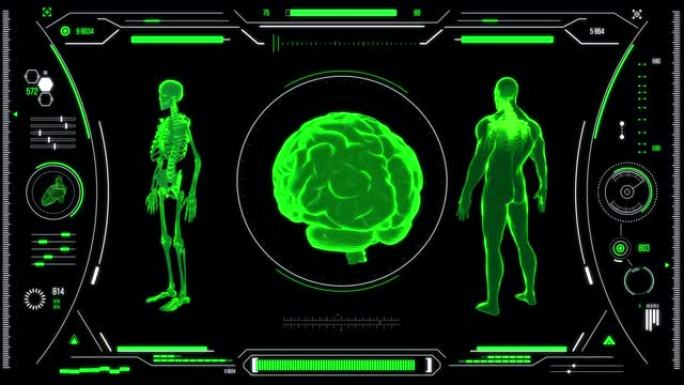 人脑扫描。具有HUD和信息图表元素的未来医学用户界面。虚拟技术背景。用于商业，游戏，运动设计，web