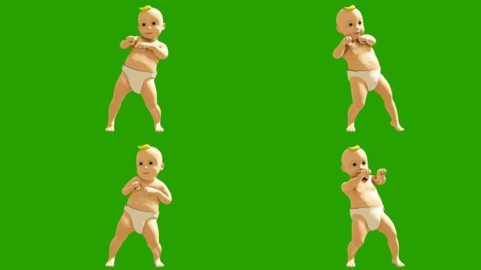 一个小婴儿在绿色屏幕的背景上欢快地跳舞。3D可视化，跳舞孩子的动画。循环动画。