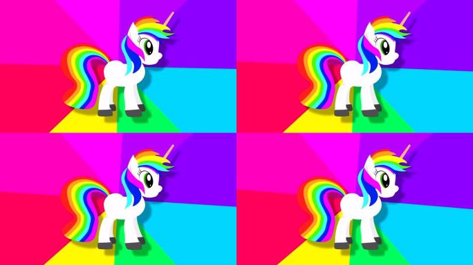 像素幻想独角兽与彩虹镜头。小马动画为最小风格的街机游戏。多色移动波的童话生物。粉红色背景上的飞马座和