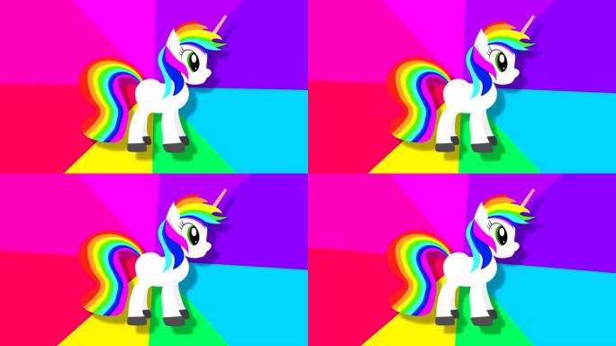 像素幻想独角兽与彩虹镜头。小马动画为最小风格的街机游戏。多色移动波的童话生物。粉红色背景上的飞马座和