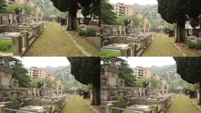 科托尔黑山的古石墓地。教堂和一座废弃墓地的坟墓。