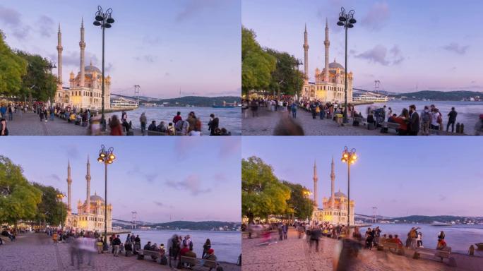 时间流逝: 白天到晚上，游客行人在土耳其伊斯坦布尔市的奥塔科伊清真寺度假时拥挤
