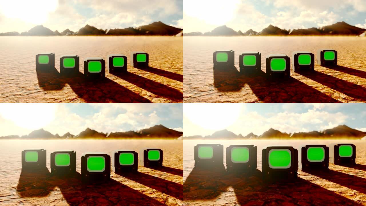 在世界末日的沙漠中间，带有绿色屏幕的老式电视。启示录后，全球变暖，气候变化，尘土飞扬的沙漠。