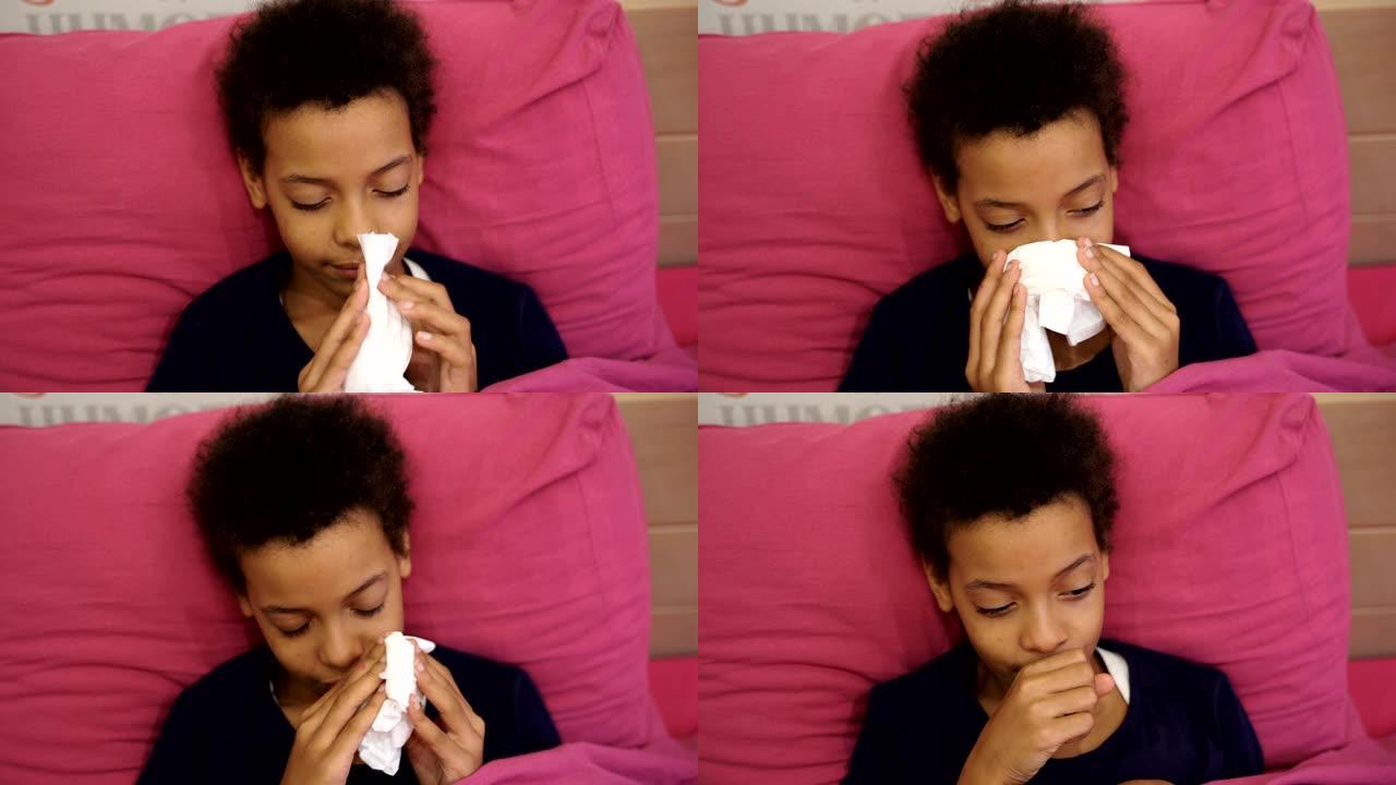 流感季节。生病的女孩被毯子盖着躺在床上，发热高，流感。