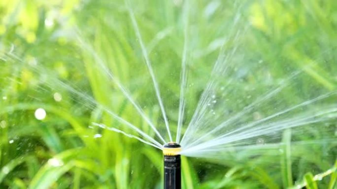 花园、草地浇水系统。智能花园启动自动喷灌系统在绿色公园工作，浇灌草坪，花木喷头旋转。超级慢动作。