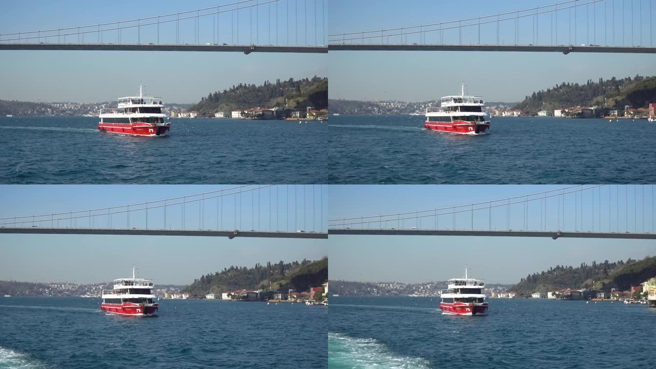 博斯普鲁斯旅游游船与游客在博斯普鲁斯桥下与海鸥，伊斯坦布尔，土耳其