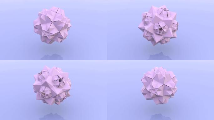 由三角形3d渲染动画组成的丁香球。孤立的多边形圆形结构在蓝色背景上移动循环视频。球形抽象物体运动3d