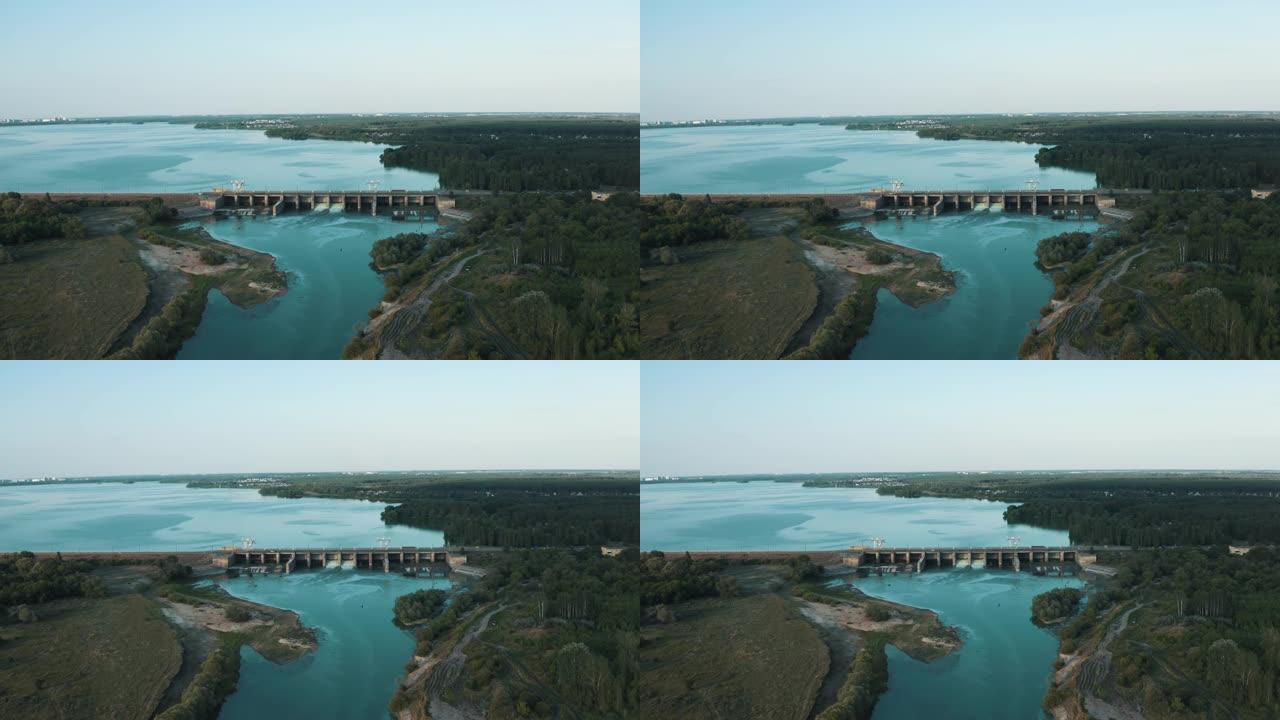 水库混凝土大坝的空中全景，水力发电站，无人机镜头