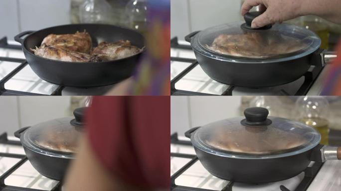 女人在铸铁煎锅里做煎鸡腿。