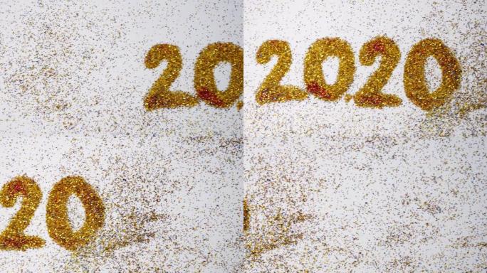新年2020即将到来的概念，视频显示闪光2020孤立在白色背景。