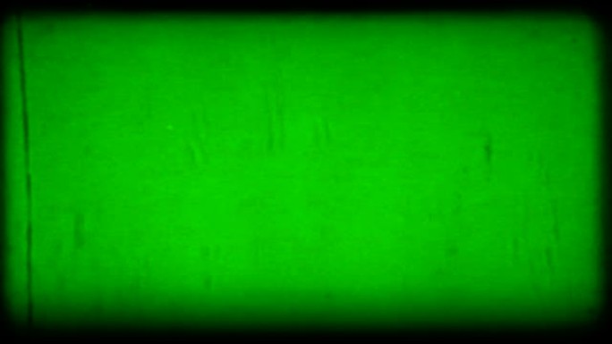 绿色复古旧垃圾胶片条形框架背景，旧电影损伤闪烁效果，复古电影毛刺效果，色度键绿色屏幕上有斑点和灰尘