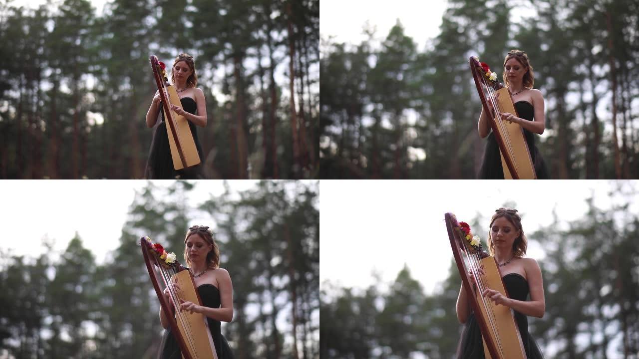 女竖琴手在森林里散步，弹奏竖琴。