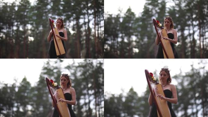 女竖琴手在森林里散步，弹奏竖琴。