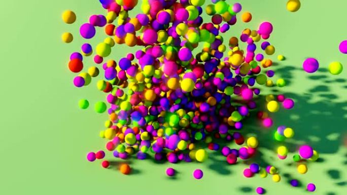 一堆抽象的彩色球体和球的3D动画，滚动和下降。彩色球体落在绿色表面上。4k