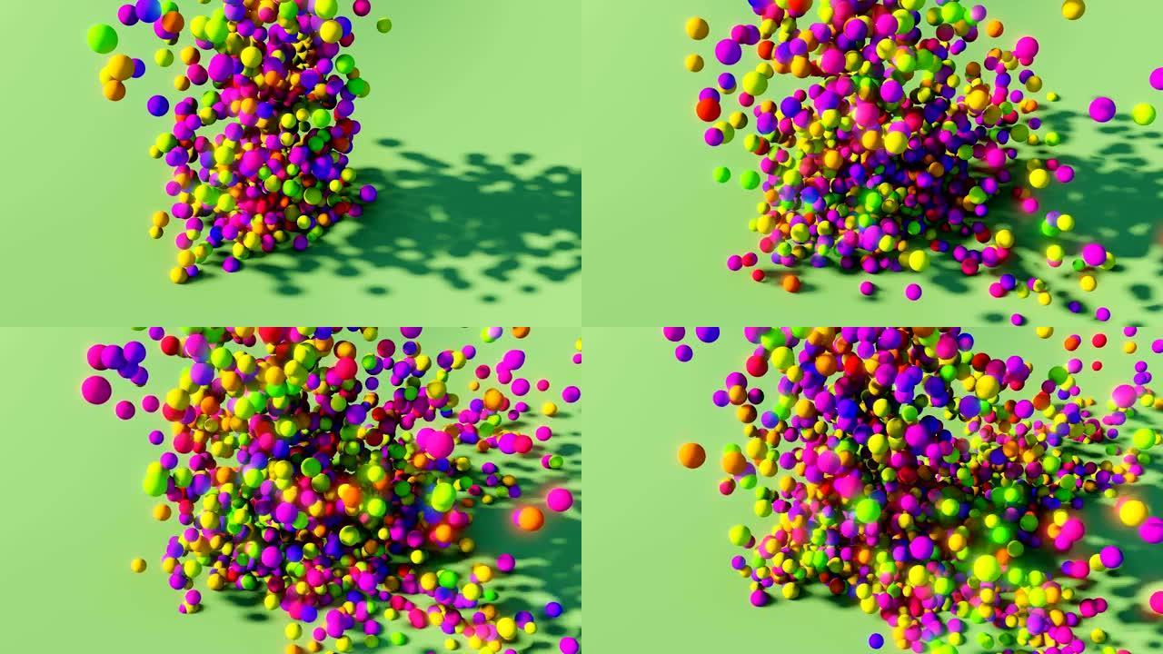 一堆抽象的彩色球体和球的3D动画，滚动和下降。彩色球体落在绿色表面上。4k