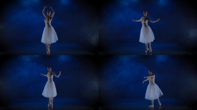 穿着白色短裙的可爱的芭蕾舞演员表演古典芭蕾。慢动作