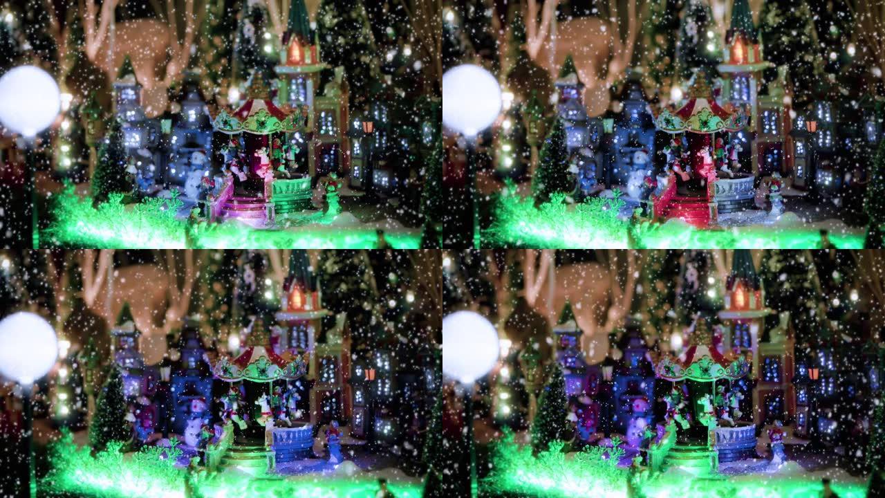 圣诞村场景在商店飘雪，圣诞节假期期间-特写-圣诞活动概念