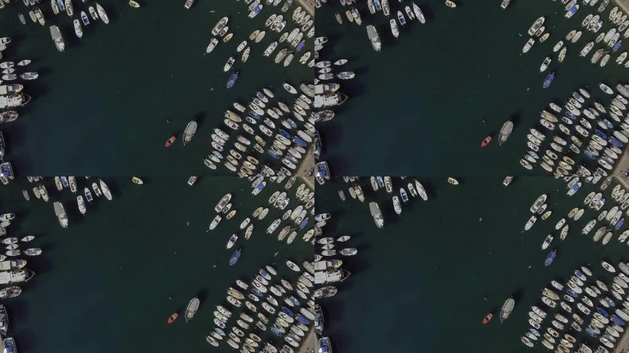 港口船只的空中俯视图。