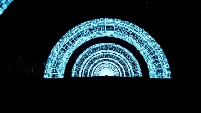 穿越霓虹拱门3d镜头。虚拟荧光拱门内的催眠飞行。未来网络空间隧道。虚拟曲线构造循环动画。无缝视频
