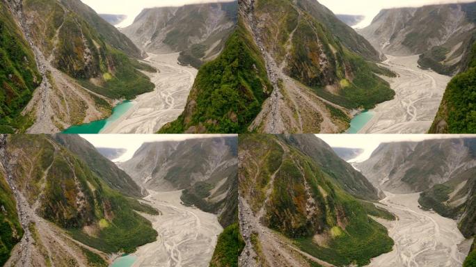 新西兰山脉风景秀丽的福克斯冰川的鸟瞰图。