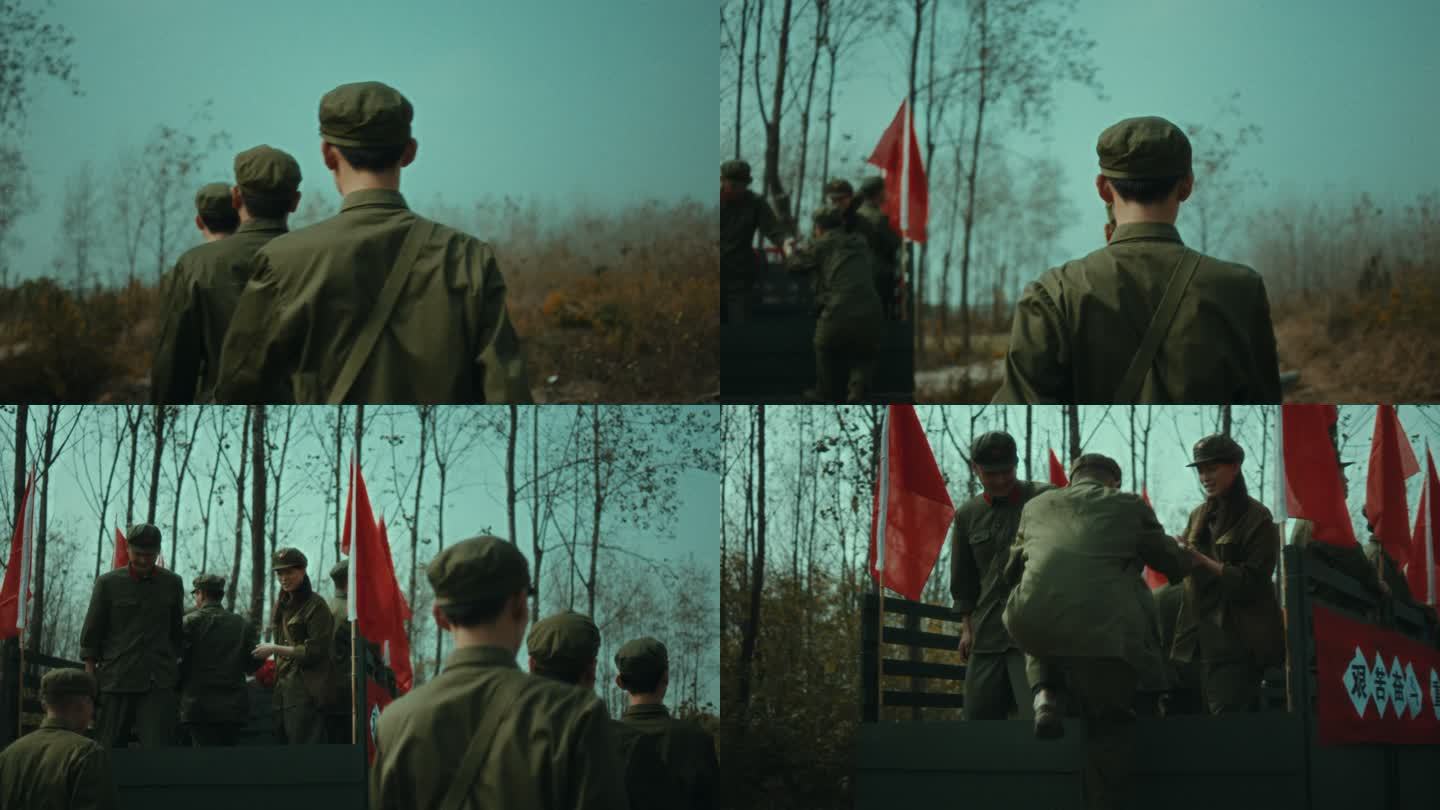 五六十年代的青年军人上车出发红旗飘扬