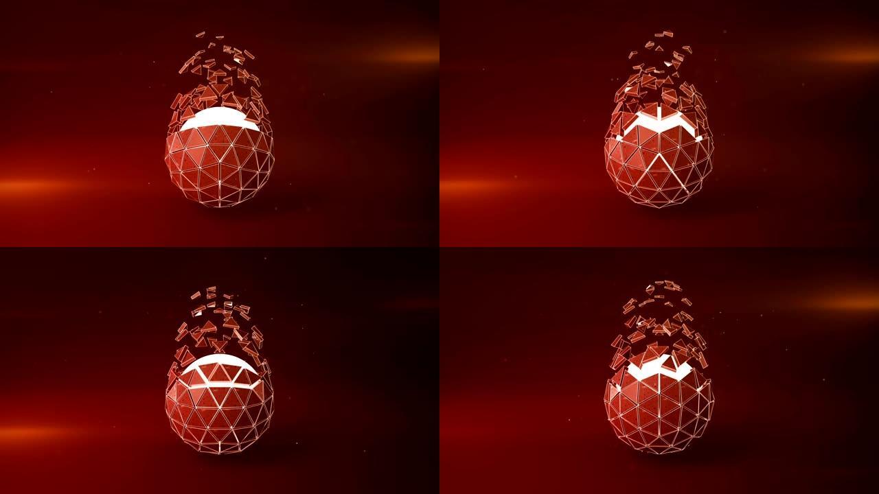 红色旋转多面体和发光核心可循环3D渲染动画