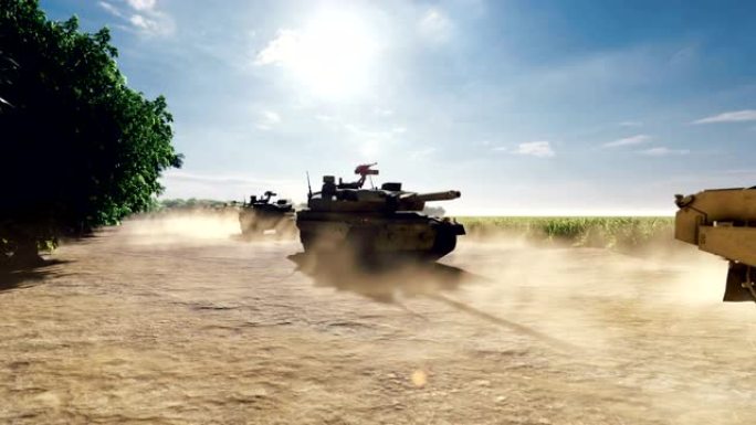 军用坦克在沙场上晴天骑在尘土飞扬的道路上。